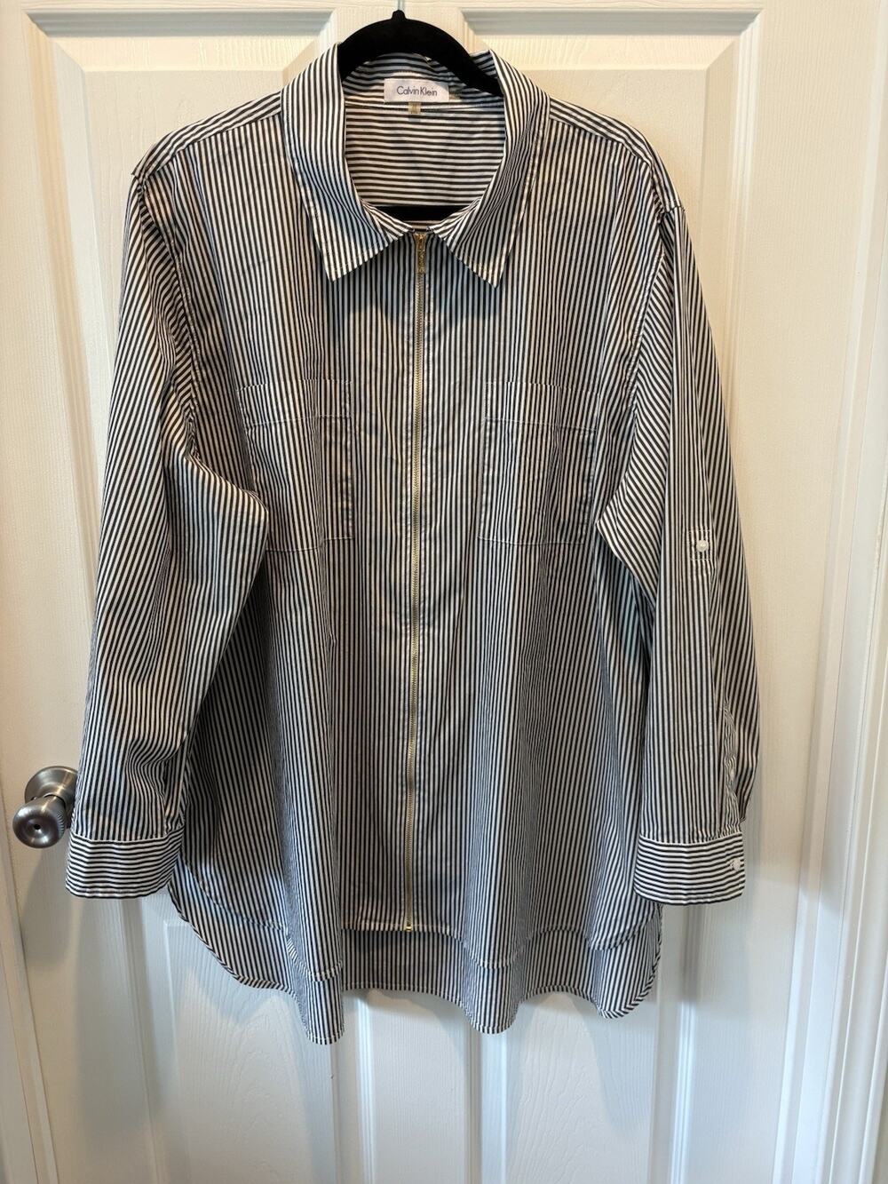 Calvin Klein Women 2X Black/White Striped Cotton Full Zip Dress Shirt
